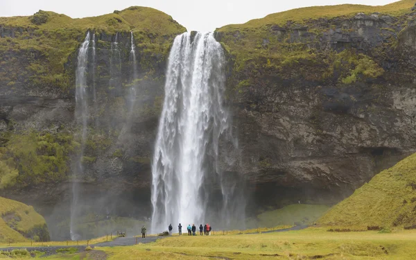 Туристы в Скогафоссе, Исландия в дождливый день — стоковое фото