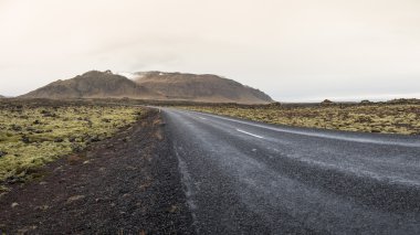Karayolu ile İzlanda manzara sisli gün. Yatay sho