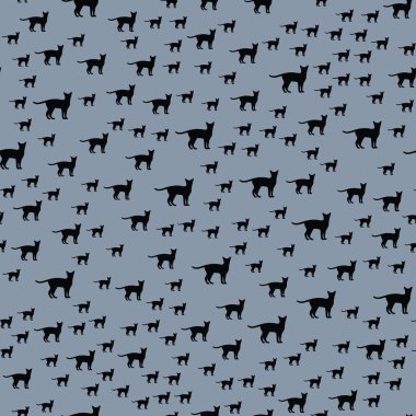 Kusursuz siyah kedi deseni. Yürüyen ve ayakta duran kedi şeklindeki desenler. Vektör resmi.