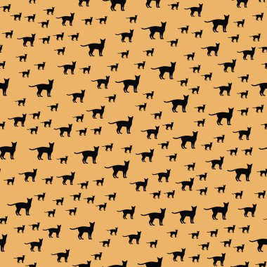 Kusursuz siyah kedi deseni. Yürüyen ve ayakta duran kedi şeklindeki desenler. Vektör resmi.