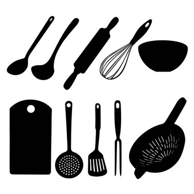 Colander, kepçe, merdane, çırpma, salata kasesi, kase, kesme tahtası, süzgeç, mutfak spatulası, et için çatal. Mutfak aletleri. Vektör resmi.