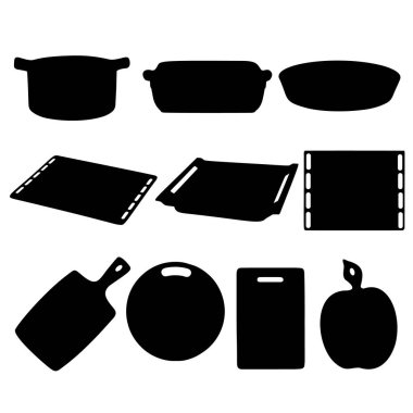 Pişirme, et kızartma, balık kazanı kızartma, çarşaf kesme, et ve balık pişirmek için kap kesme. Vektör resmi.