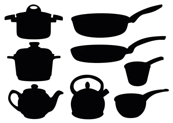 Batería Cocina Set Incluye Una Olla Sartén Tetera Cucharón — Vector de stock