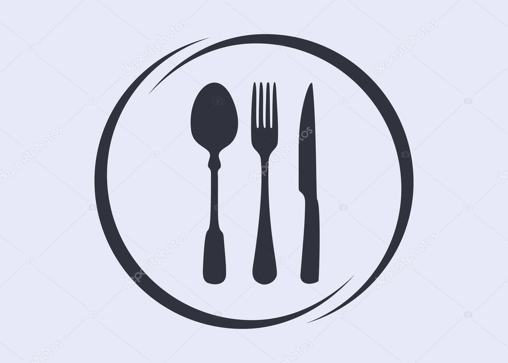 Plate logo with knife, fork and spoon on light blue background.