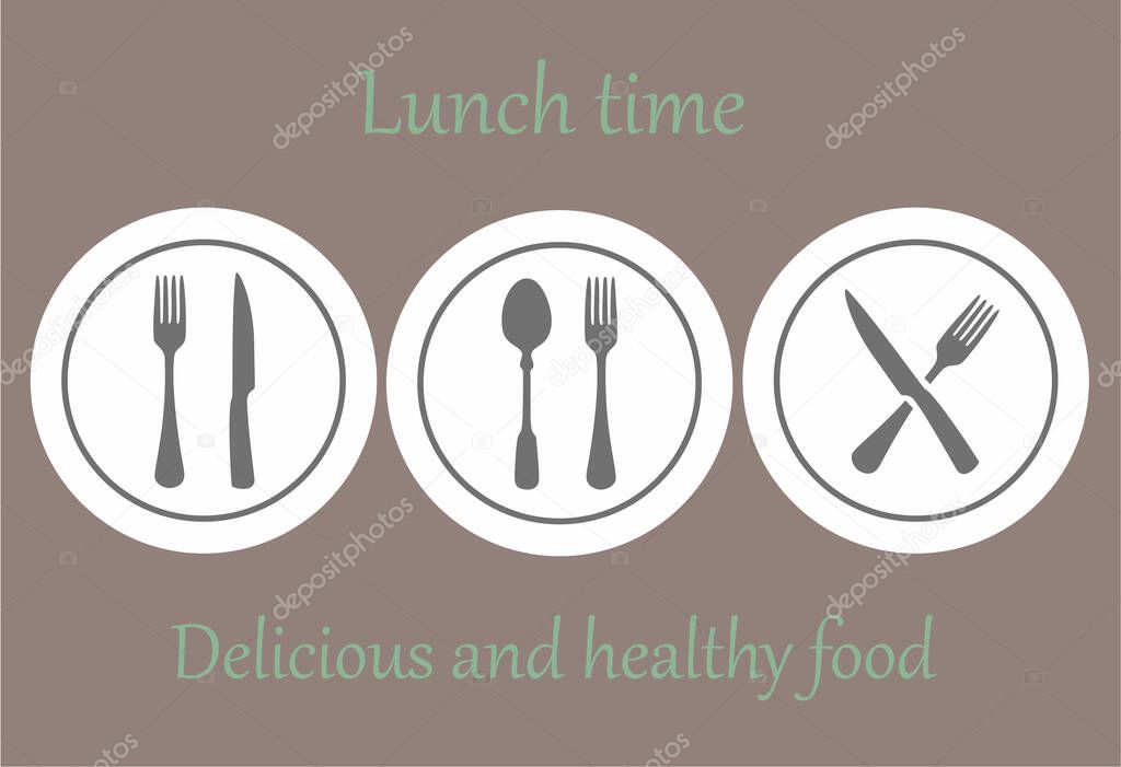 Lunch logo made from plate, fork, spoon and knife on beige background.