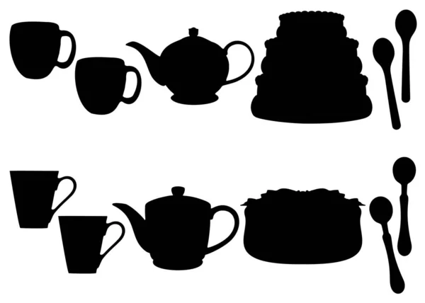 Set Cake Mugs Spoons Teapot — Διανυσματικό Αρχείο