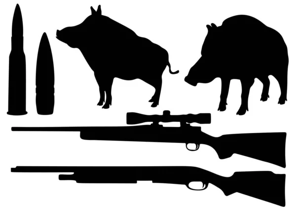打猎套件 包括野猪 枪和弹药筒 — 图库矢量图片