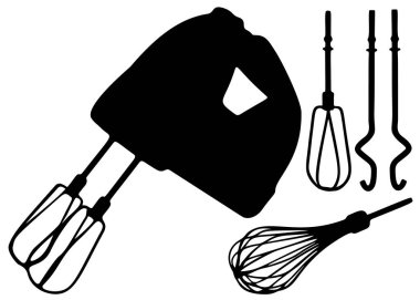 Yemek hazırlamak için mutfak karıştırıcısı ve sette eklentiler.