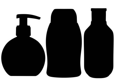 Sıvı sabun, şampuan ve duş jeli de dahil. Vektör resmi.