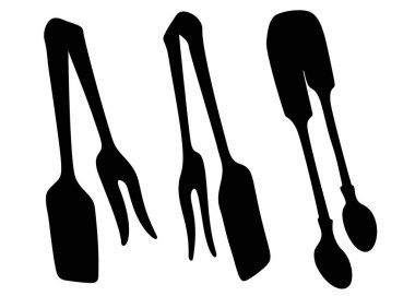 Mutfak maşaları ve et kaşıkları dahil. Vektör resmi.