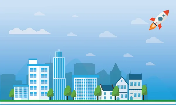 Panorama Desenho Animado Plano Vetorial Paisagem Urbana Com Diferentes Edifícios — Vetor de Stock
