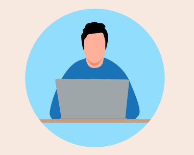 Dizüstü bilgisayar ikonunda çalışan ikon adam. Web tasarımı için düz çizim dizüstü bilgisayar vektör simgesi.