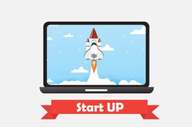 Dizüstü bilgisayar düz tasarım vektör çizimi ile roket konseptini başlat.