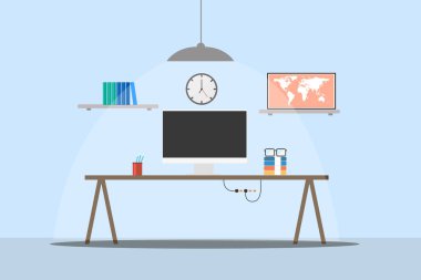 Modern ofis içi ofis çalışma alanının düz tasarım vektör çizimi. 