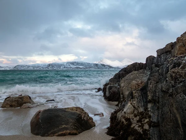 Paysage Hivernal Près Sommaroya Sur Île Kvaloya Norvège — Photo