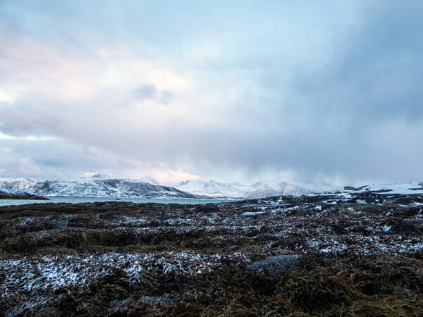 Landscape in wintertime near Sommaroya on the island Kvaloya in Norway.