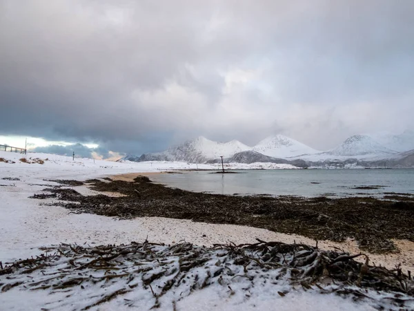 Paysage Hivernal Sandneshamn Sur Île Kvaloya Norvège — Photo