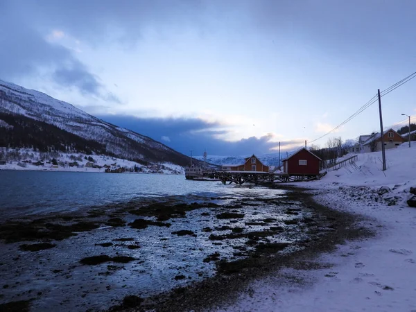 Fiorde Inverno Ilha Kvaloya Noruega — Fotografia de Stock