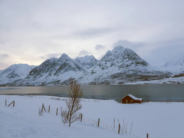 Zima Kjosen Wyspie Kvaloya Kaldfjord Norwegia — Zdjęcie stockowe