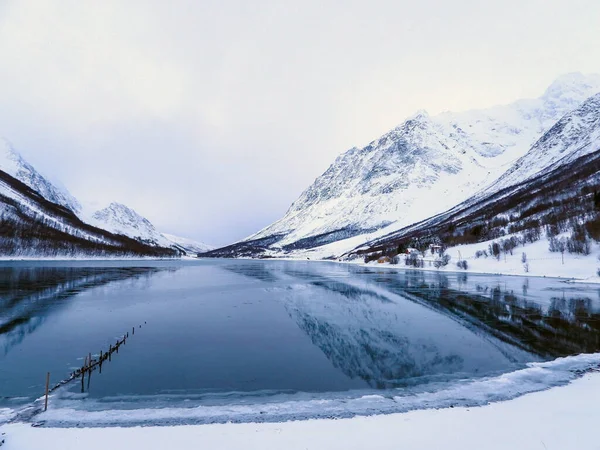 Invierno Kjosen Isla Kvaloya Kaldfjord Noruega — Foto de Stock