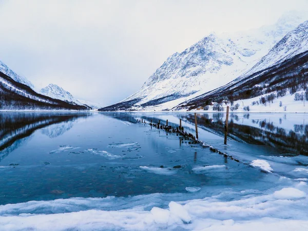 Zima Kjosen Wyspie Kvaloya Kaldfjord Norwegia — Zdjęcie stockowe