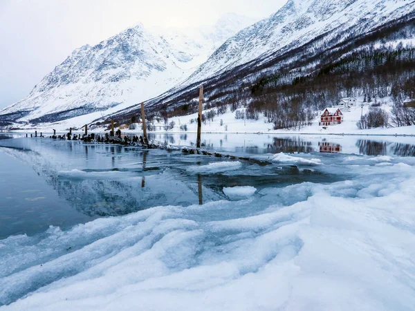 Inverno Kjosen Sull Isola Kvaloya Kaldfjord Norvegia — Foto Stock