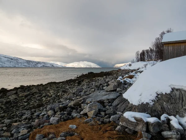 Tájkép Télen Oon Sziget Kvaloya Norvégiában — Stock Fotó