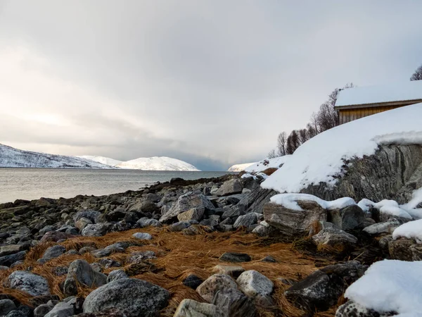 Krajobraz Zimą Wyspie Kvaloya Norwegii — Zdjęcie stockowe