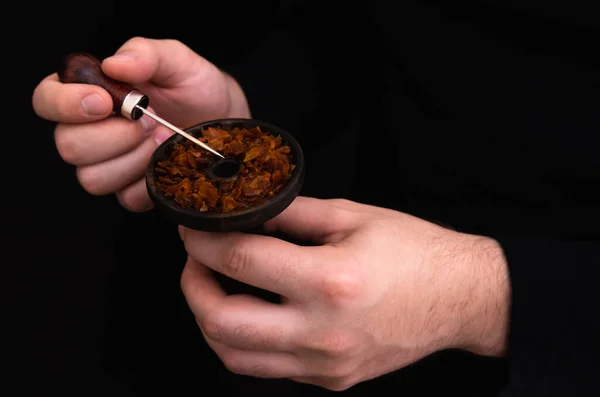 Male Hands Put Tobacco Hookah Bowl Black Background — Foto de Stock