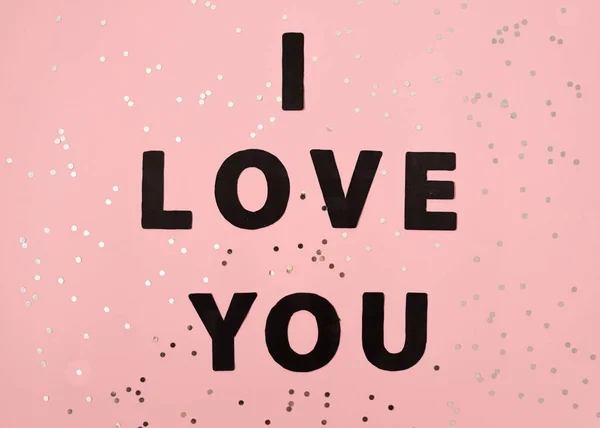 Szeretlek Rózsaszín Alapon Fényes Cukorkákkal Valentin Napi Kártya — Stock Fotó