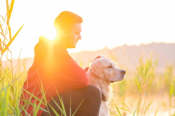 Genç bir adam şafak vakti nehir kıyısında köpeğini okşuyor. Bir adam ve golden retriever bir yaz sabahı mesafeye bakarlar. Hayvanlarla seyahat kavramı.