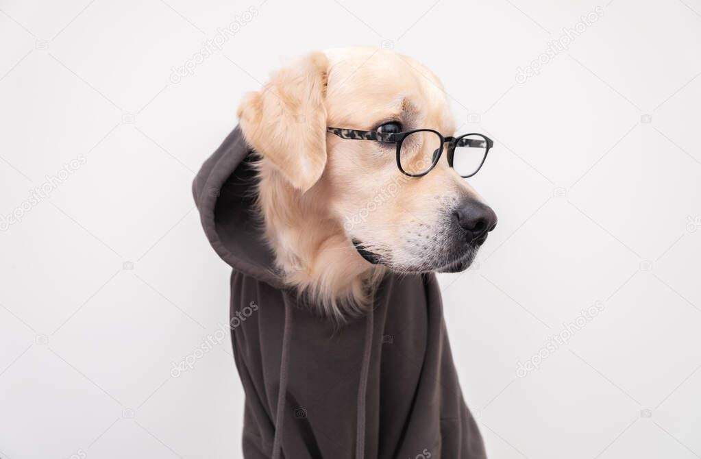 A dog with glasses in a dark gray sweatshirt sits on a white background. Golden Retriever dressed as a programmer or student.