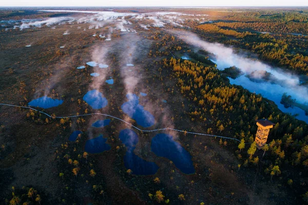 Uma Vista Aérea Belo Pântano Natureza Estoniana Durante Nascer Sol — Fotografia de Stock