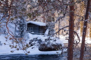 Finlandiya 'nın kuzey Avrupa' daki Taiga ormanında nehir kıyısında küçük, rahat bir kışlık kulübe..