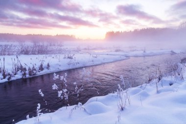 Kuzey Avrupa, Estonya kırsalında nehir kıyısında güzel sisli ve kışın batışı.