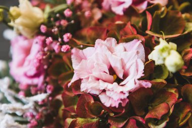 Hydrangea ve lisianthus 'tan yapılmış güzel bir çiçek buketinin kapağı.