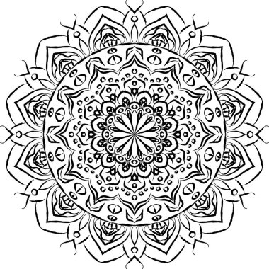 Elle boyanmış mandala. Boyama kitabı sayfası. Kumaş tasarım unsuru, yoga logosu, kına, dövme..