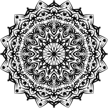 Elle boyanmış mandala. Boyama kitabı sayfası. Kumaş tasarım unsuru, yoga logosu, kına, dövme..