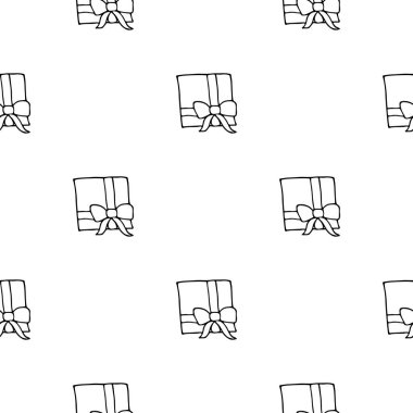Kusursuz desenli, el çizimi hediye kutusu. Doodle tarzı vektör illüstrasyonu beyaz arkaplanda izole edildi. Duvar kağıdı, ambalaj, posterler, kartlar veya diğer tasarım için.
