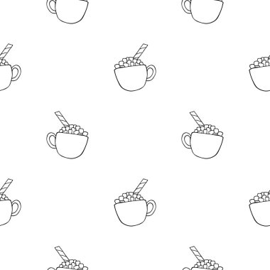 Elle çizilmiş bir fincan kakao ve marşmelovla kusursuz desen. Doodle tarzı vektör illüstrasyonu beyaz arkaplanda izole edildi. Duvar kağıdı, ambalaj, posterler, kartlar veya diğer tasarım için.
