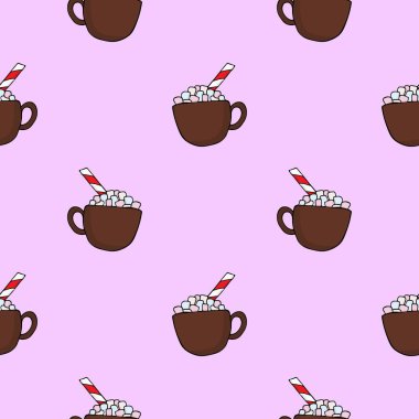 Elle çizilmiş bir fincan kakao ve marşmelovla kusursuz desen. Renkli arkaplanda Doodle tarzı vektör dokuları. Duvar kağıdı, ambalaj, posterler, kartlar veya diğer tasarım için.
