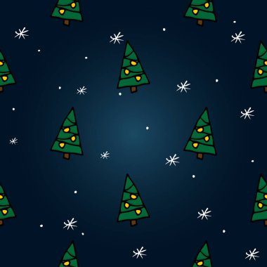 Elle çizilmiş tatil ağacıyla kusursuz bir desen. Renkli arkaplanda Doodle tarzı vektör dokuları. Duvar kağıdı, ambalaj, posterler, kartlar veya diğer tasarım için.