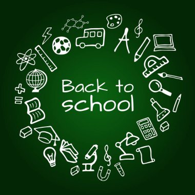 El çizimi tasarım seti. Okula dönelim. Okul yönetim kurulu. Doodle biçim vektör çizimi yeşil arkaplanda izole edildi.