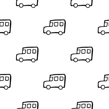 Elle çizilmiş okul otobüsüyle kusursuz bir desen. Doodle tarzı vektör illüstrasyonu beyaz arkaplanda izole edildi. İç tasarım, duvar kağıdı, ambalaj, posterler, kartlar için.