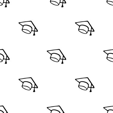 Elle çizilmiş mezuniyet şapkası ile kusursuz desen. Doodle tarzı vektör illüstrasyonu beyaz arkaplanda izole edildi. İç tasarım, duvar kağıdı, ambalaj, posterler, kartlar için.