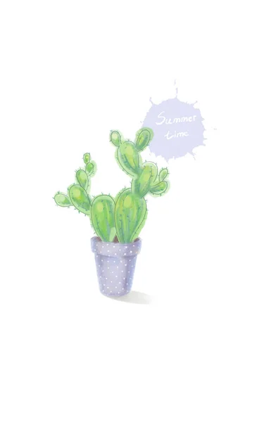 Green Prickly Pear Cactus Flower Pot Watercolor Drawing Style — Stock Photo, Image