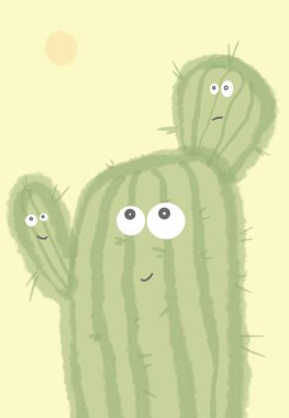 Açık sarı arkaplanda çizgi film kaktüsü