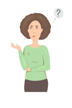 Beyaz arka planda soru işareti olan düşünceli kadın