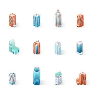 İzometrik şehir binaları kümesi