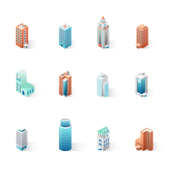 Conjunto de edificios isométricos de la ciudad — Vector de stock